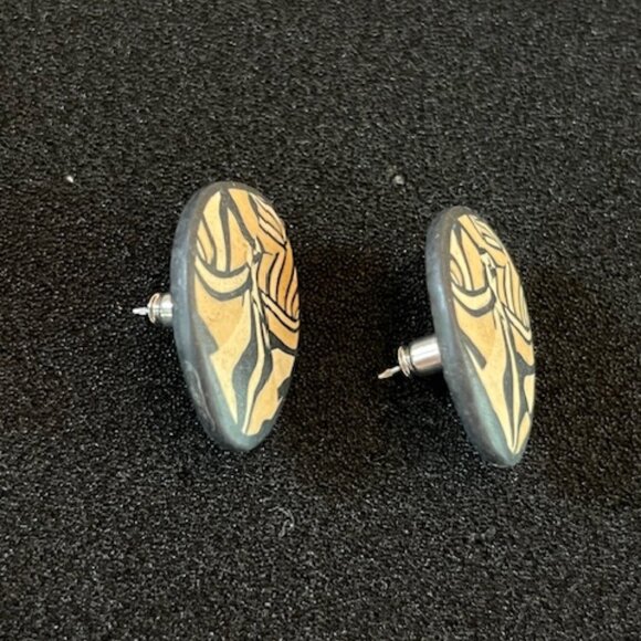 ARTISAN wood inlay pierced earrings Craftmanship-Vintage - Picture 1 of 6